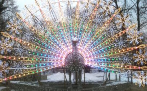 Peacock Sculpture in Poland Created in a Rainbow of Lights